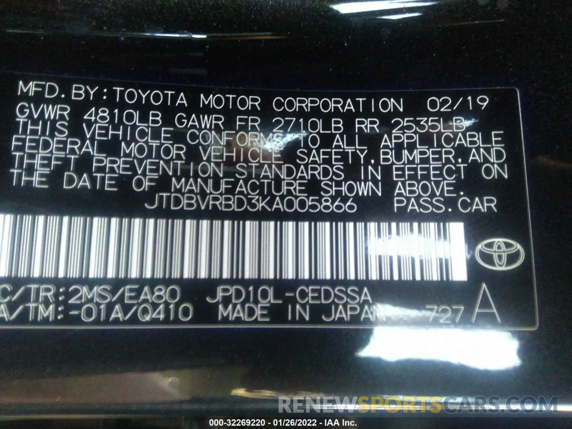 8 Photograph of a damaged car JTDBVRBD3KA005866 TOYOTA MIRAI 2019