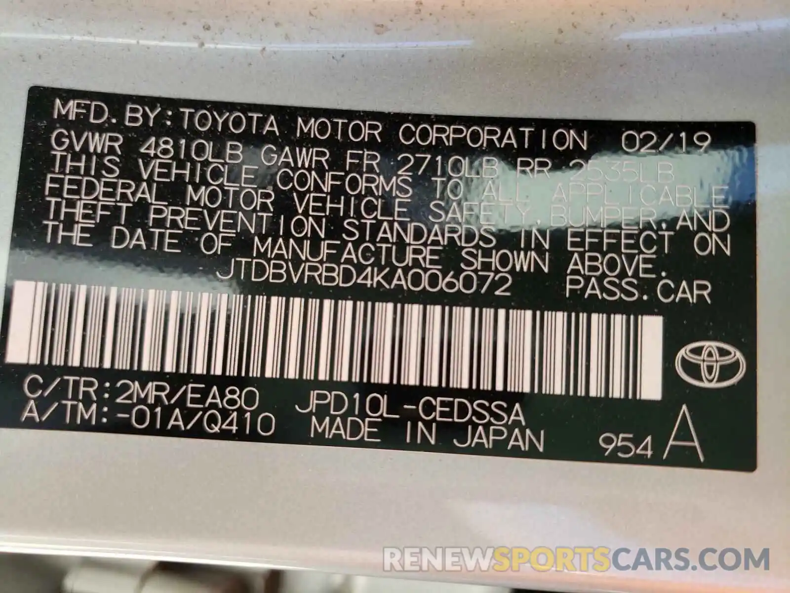 10 Photograph of a damaged car JTDBVRBD4KA006072 TOYOTA MIRAI 2019