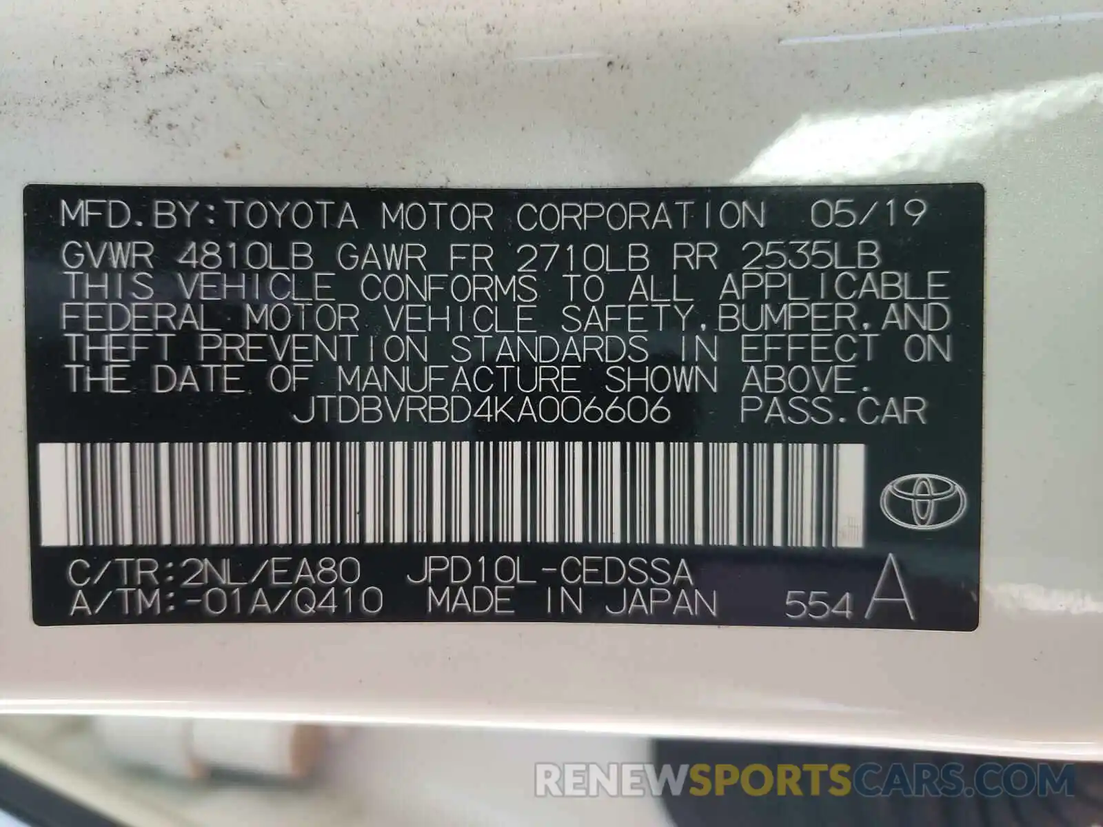 10 Photograph of a damaged car JTDBVRBD4KA006606 TOYOTA MIRAI 2019