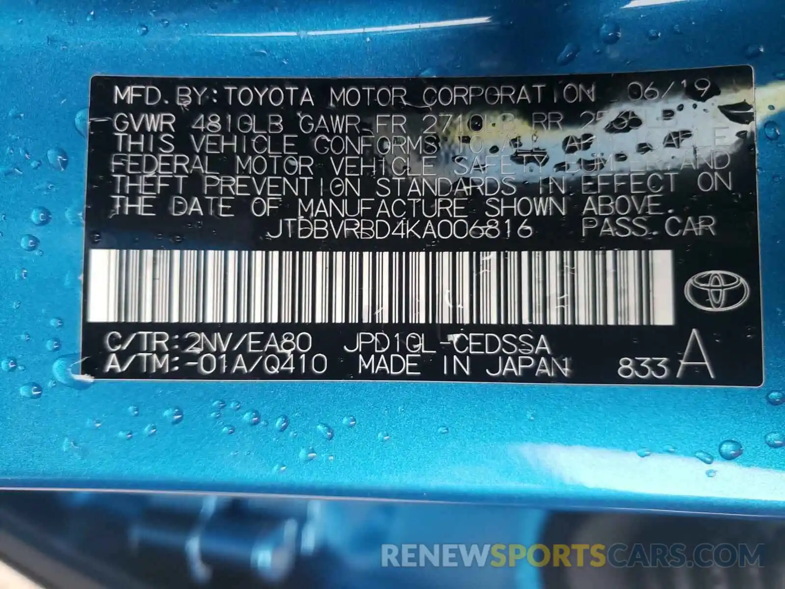 10 Photograph of a damaged car JTDBVRBD4KA006816 TOYOTA MIRAI 2019