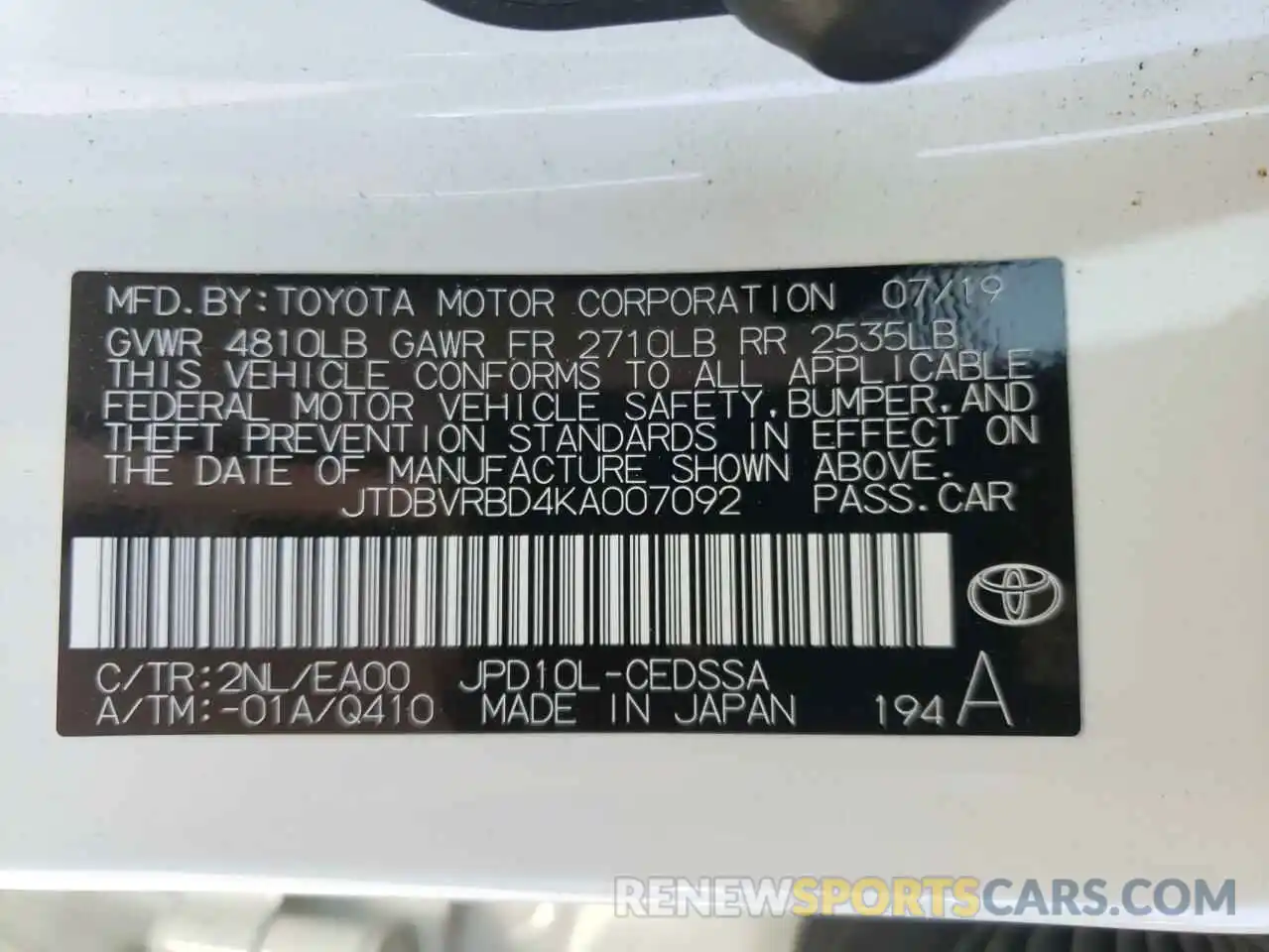 10 Photograph of a damaged car JTDBVRBD4KA007092 TOYOTA MIRAI 2019