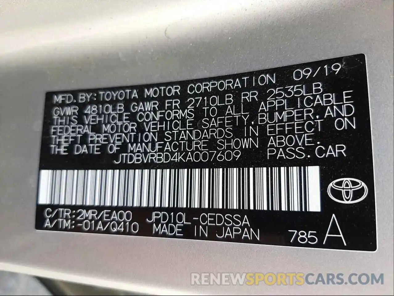 10 Photograph of a damaged car JTDBVRBD4KA007609 TOYOTA MIRAI 2019