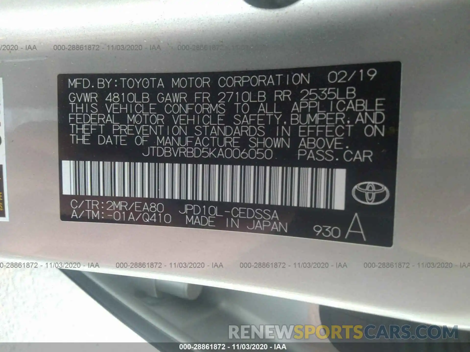 9 Photograph of a damaged car JTDBVRBD5KA006050 TOYOTA MIRAI 2019