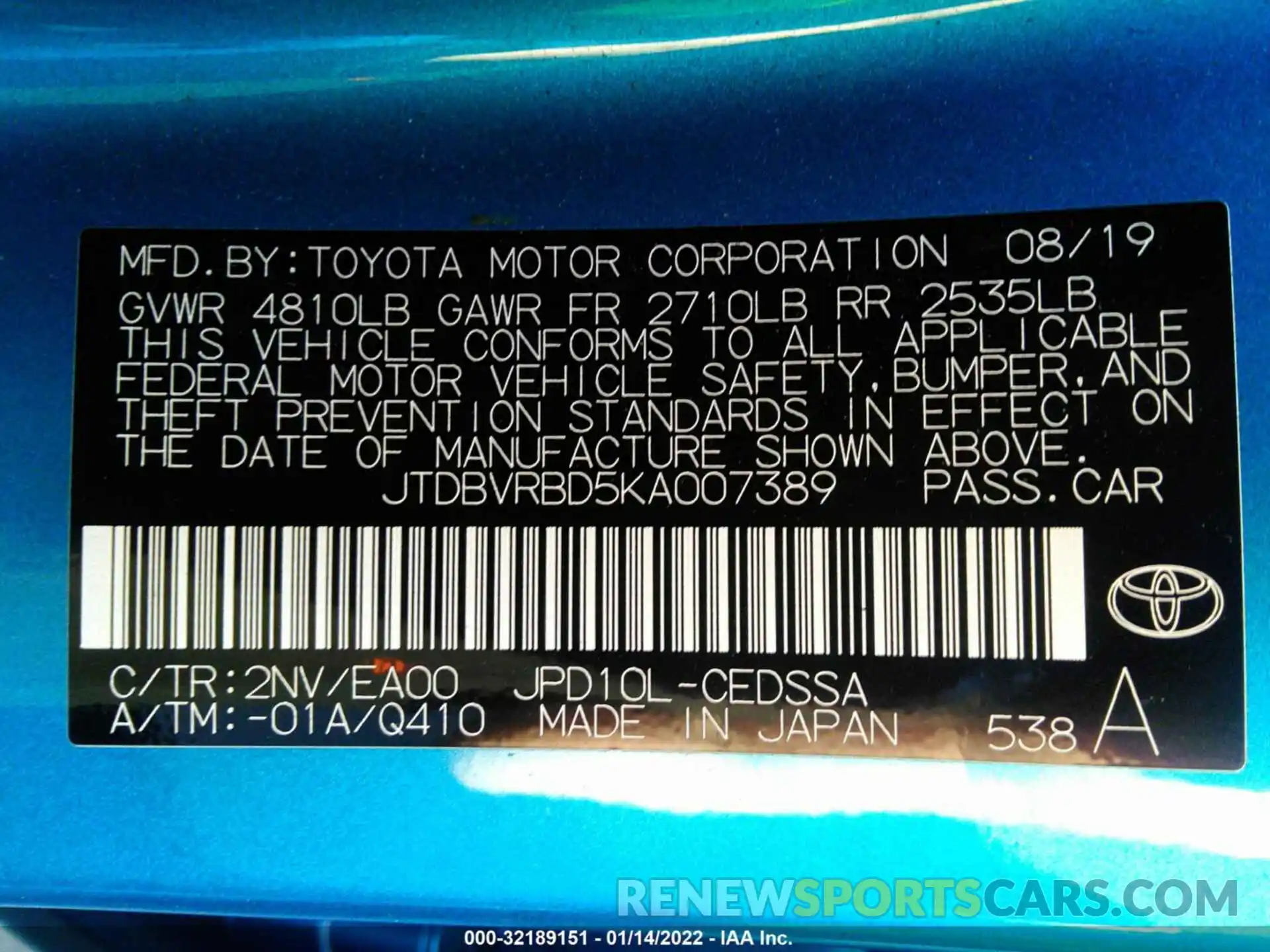 9 Photograph of a damaged car JTDBVRBD5KA007389 TOYOTA MIRAI 2019