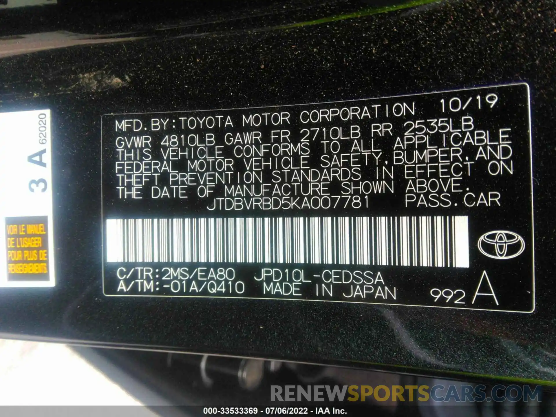 9 Photograph of a damaged car JTDBVRBD5KA007781 TOYOTA MIRAI 2019