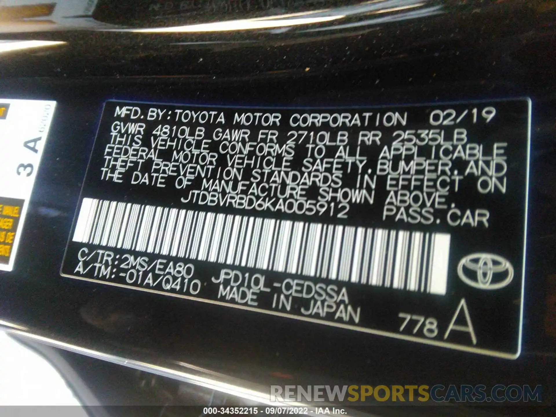 9 Photograph of a damaged car JTDBVRBD6KA005912 TOYOTA MIRAI 2019