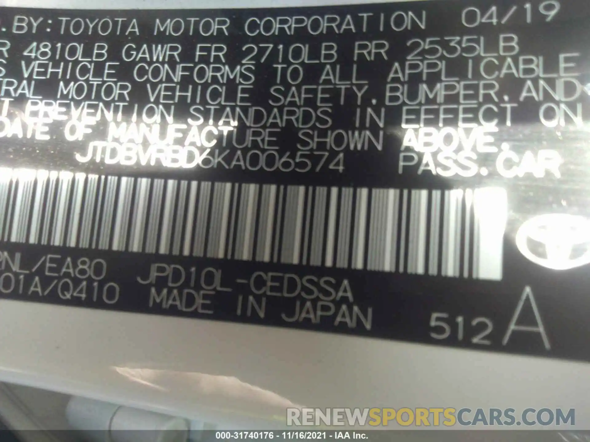 9 Photograph of a damaged car JTDBVRBD6KA006574 TOYOTA MIRAI 2019