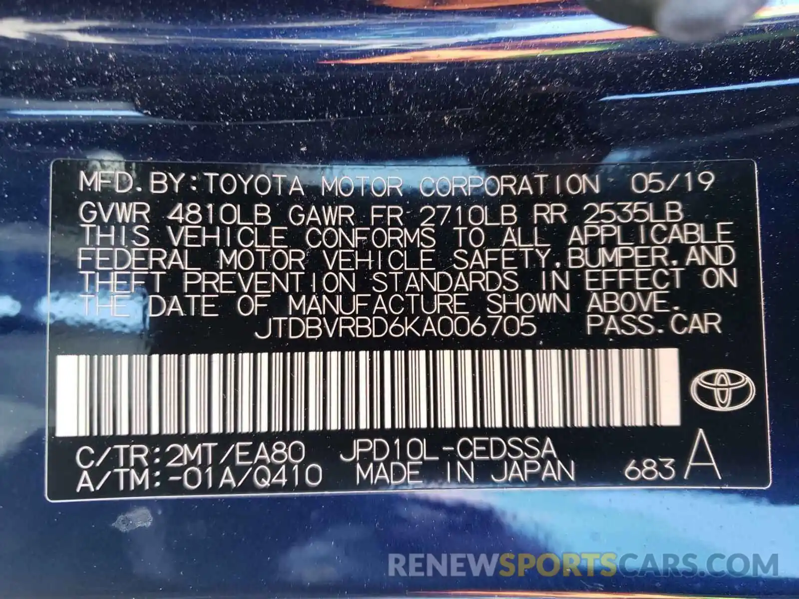 10 Photograph of a damaged car JTDBVRBD6KA006705 TOYOTA MIRAI 2019