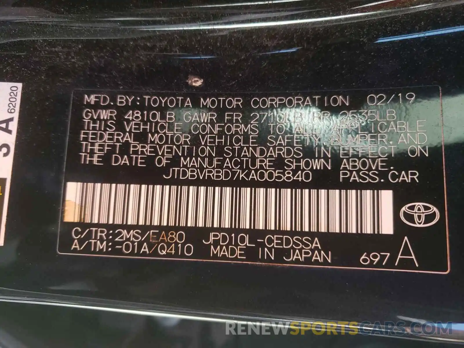 10 Photograph of a damaged car JTDBVRBD7KA005840 TOYOTA MIRAI 2019