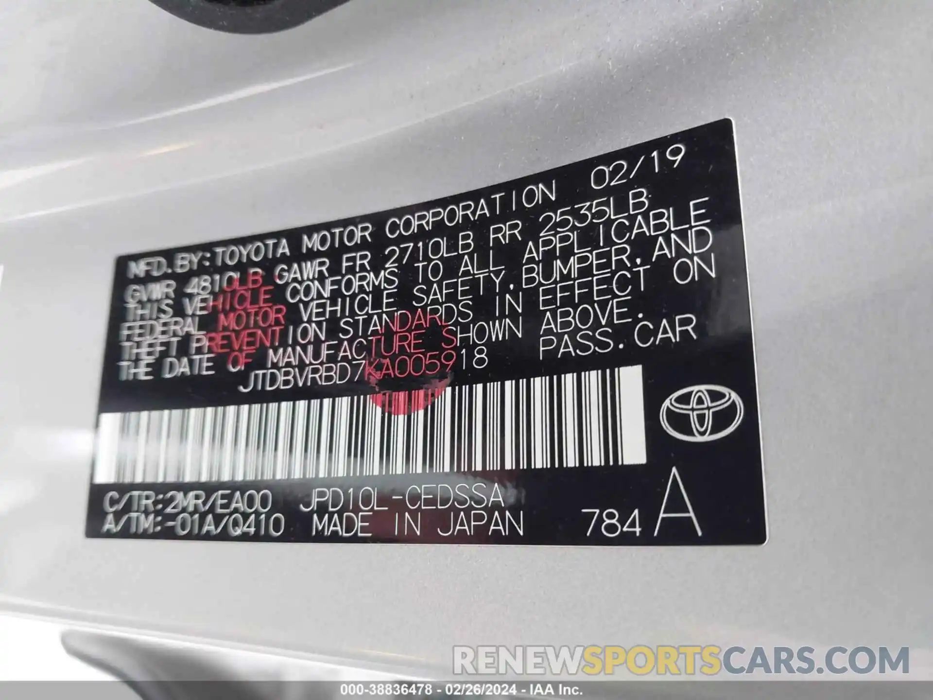 9 Photograph of a damaged car JTDBVRBD7KA005918 TOYOTA MIRAI 2019