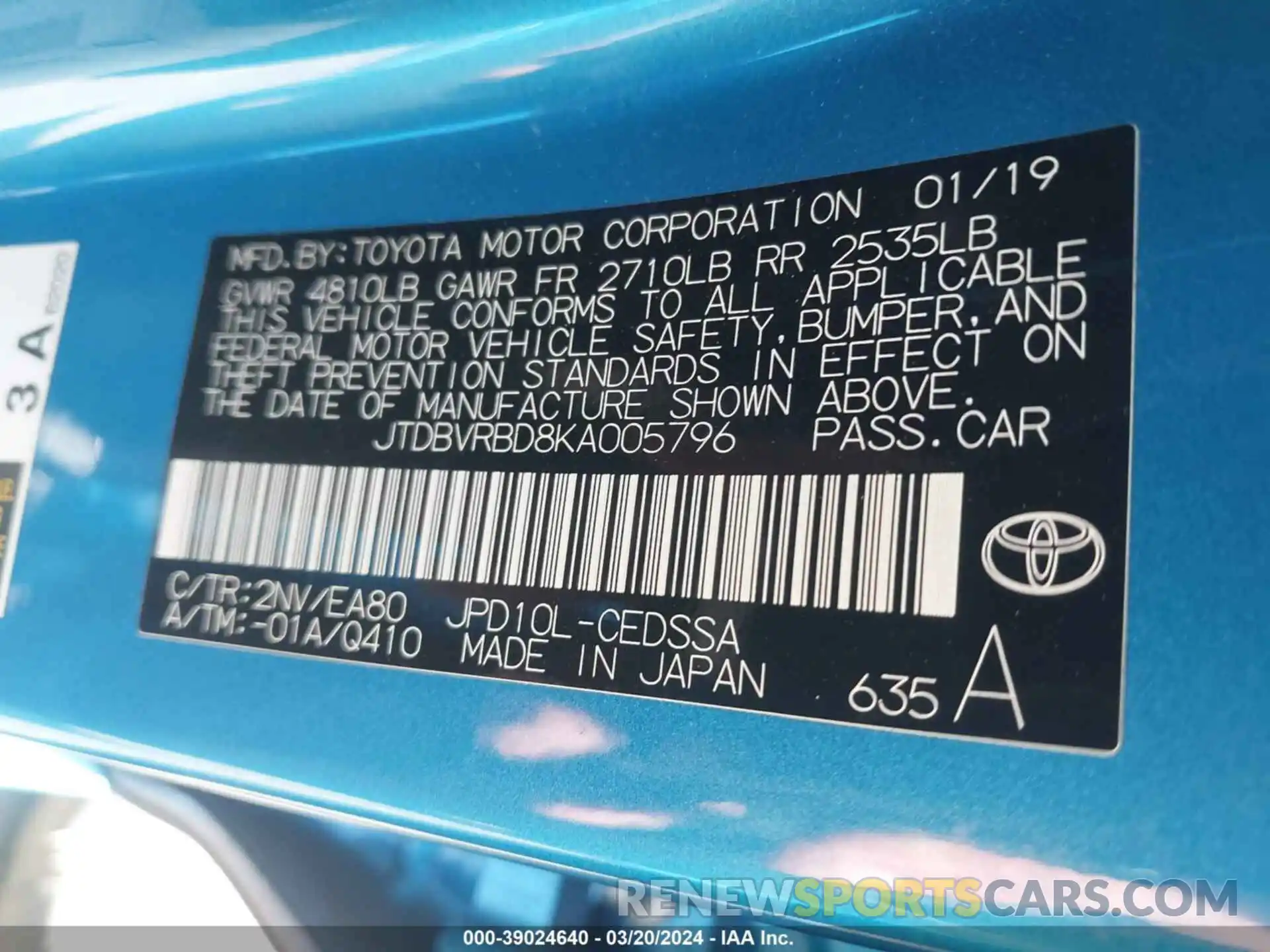 9 Photograph of a damaged car JTDBVRBD8KA005796 TOYOTA MIRAI 2019