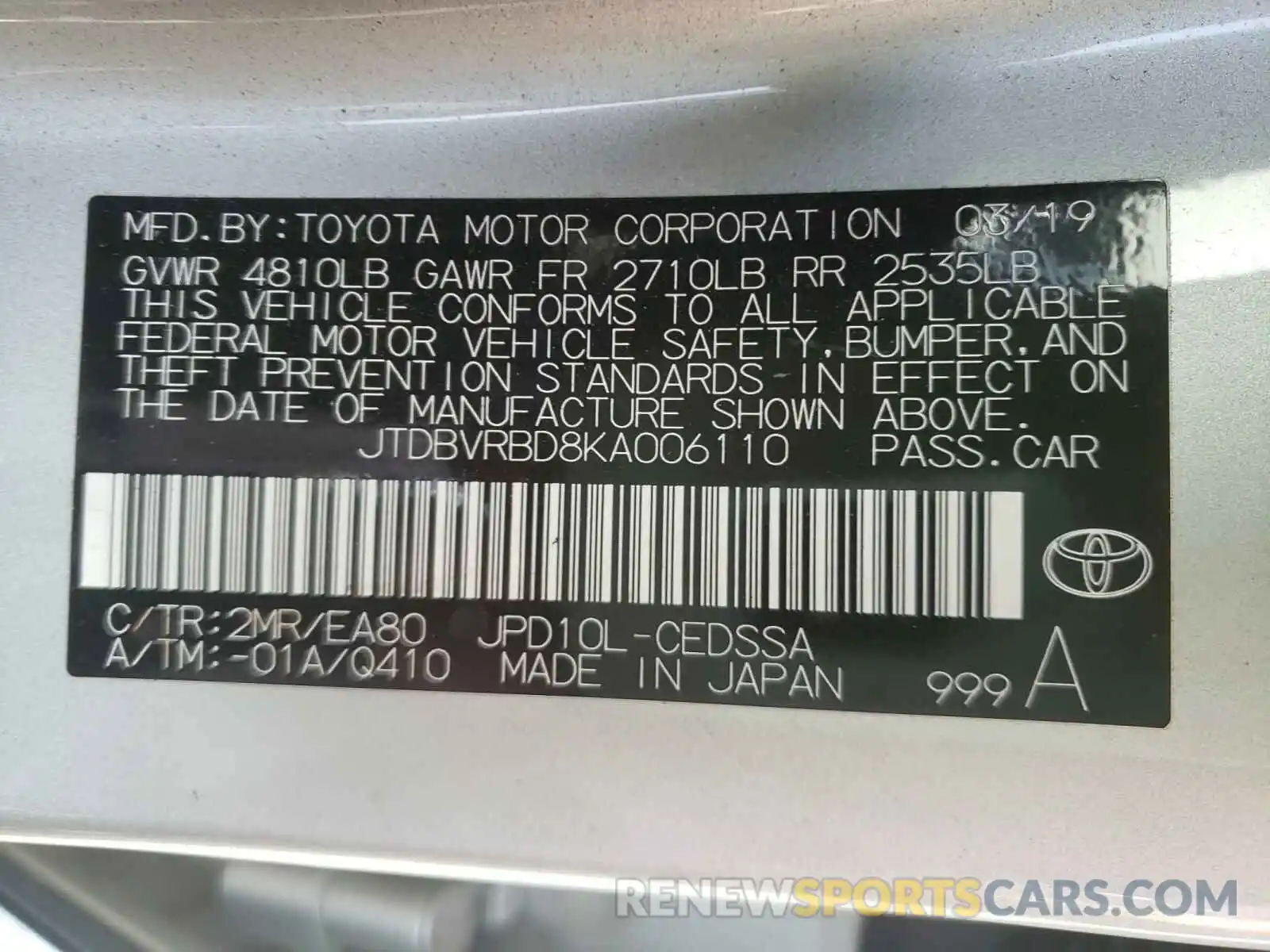 10 Photograph of a damaged car JTDBVRBD8KA006110 TOYOTA MIRAI 2019