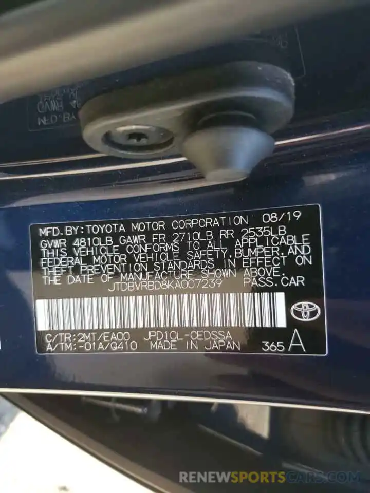 10 Photograph of a damaged car JTDBVRBD8KA007239 TOYOTA MIRAI 2019