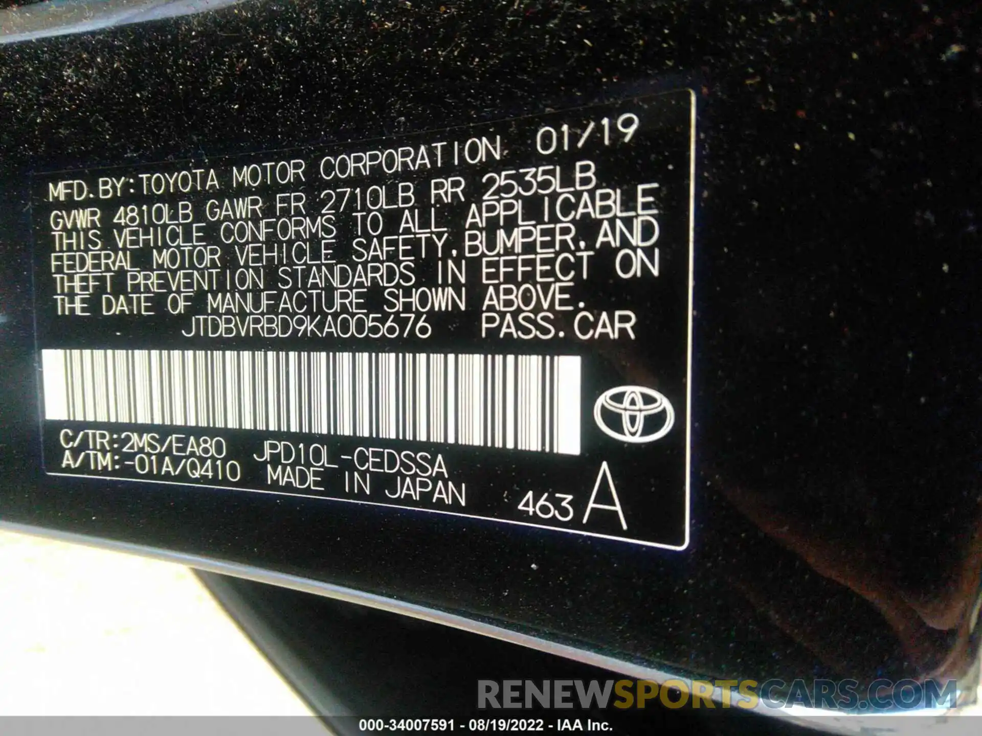 9 Photograph of a damaged car JTDBVRBD9KA005676 TOYOTA MIRAI 2019