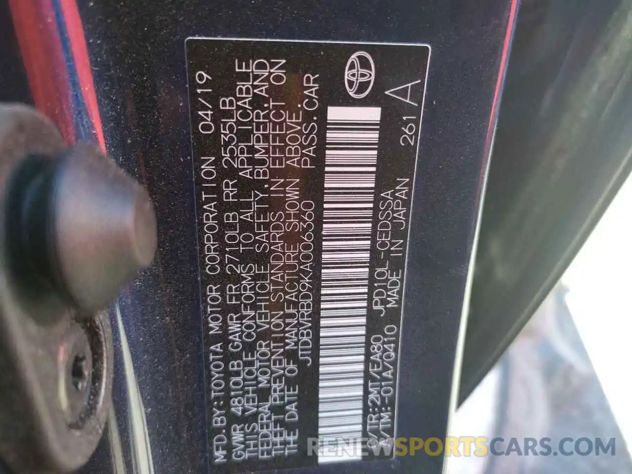 10 Photograph of a damaged car JTDBVRBD9KA006360 TOYOTA MIRAI 2019