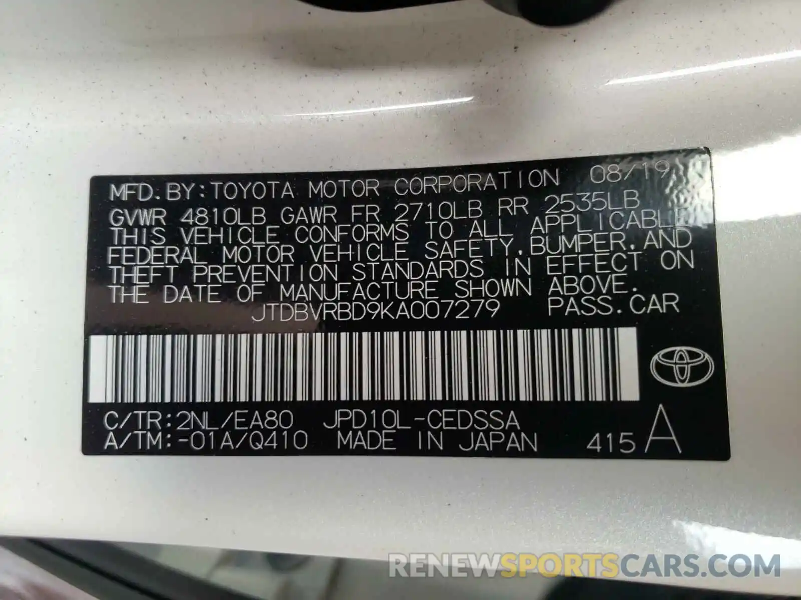 10 Photograph of a damaged car JTDBVRBD9KA007279 TOYOTA MIRAI 2019