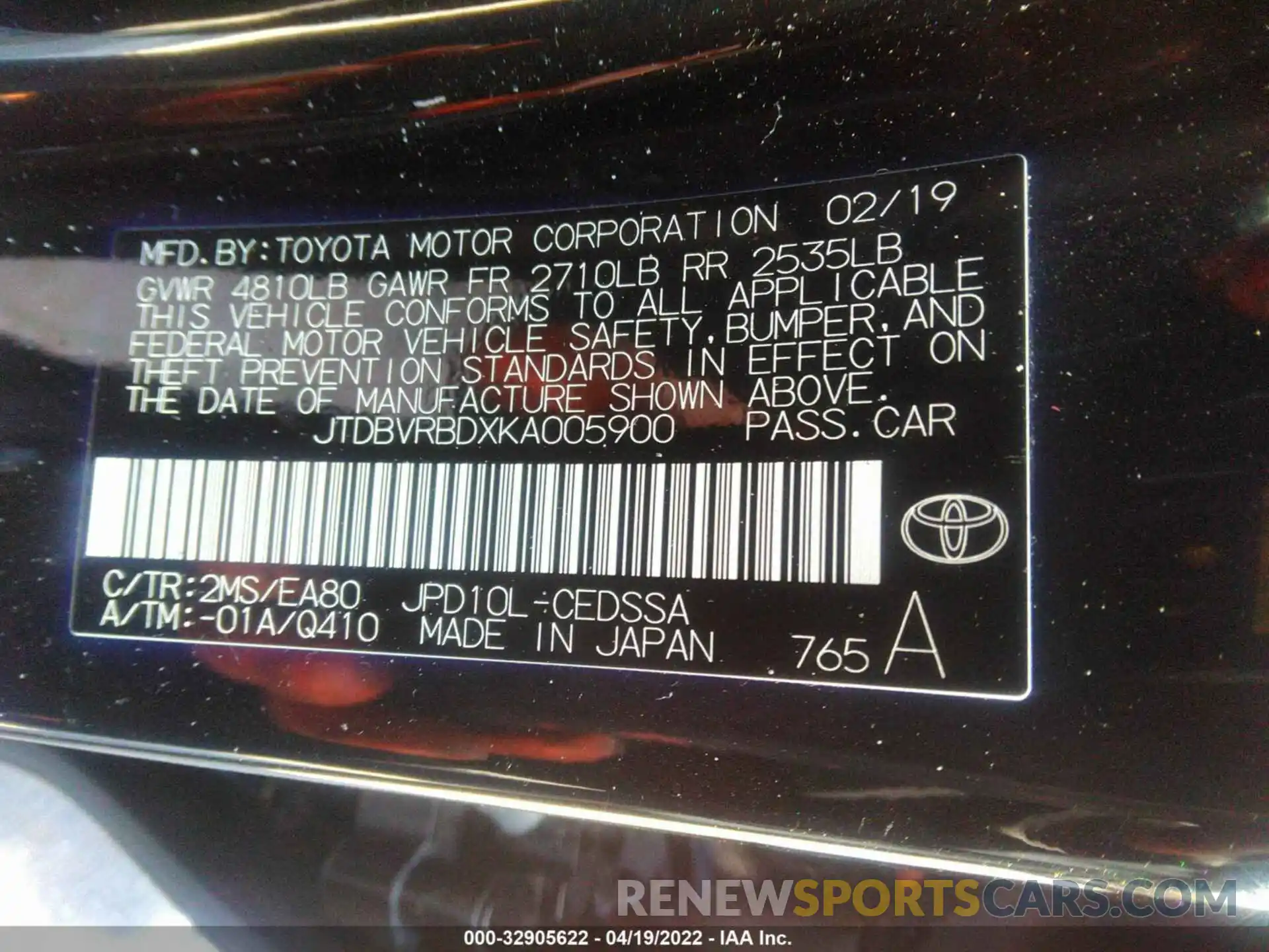 9 Photograph of a damaged car JTDBVRBDXKA005900 TOYOTA MIRAI 2019