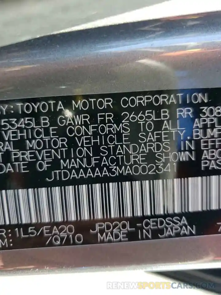 10 Photograph of a damaged car JTDAAAAA3MA002341 TOYOTA MIRAI 2021