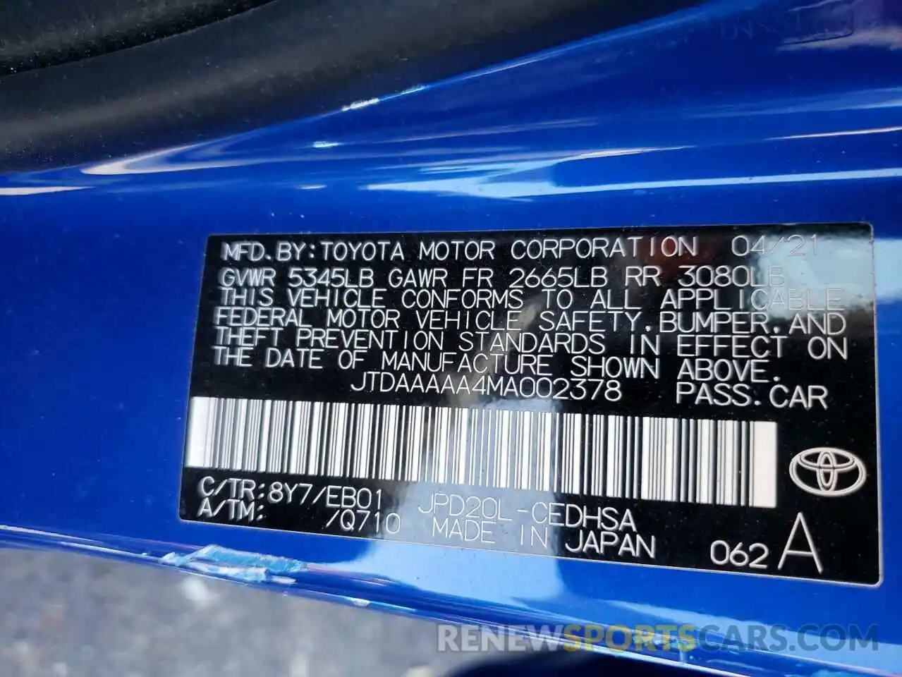 10 Photograph of a damaged car JTDAAAAA4MA002378 TOYOTA MIRAI 2021