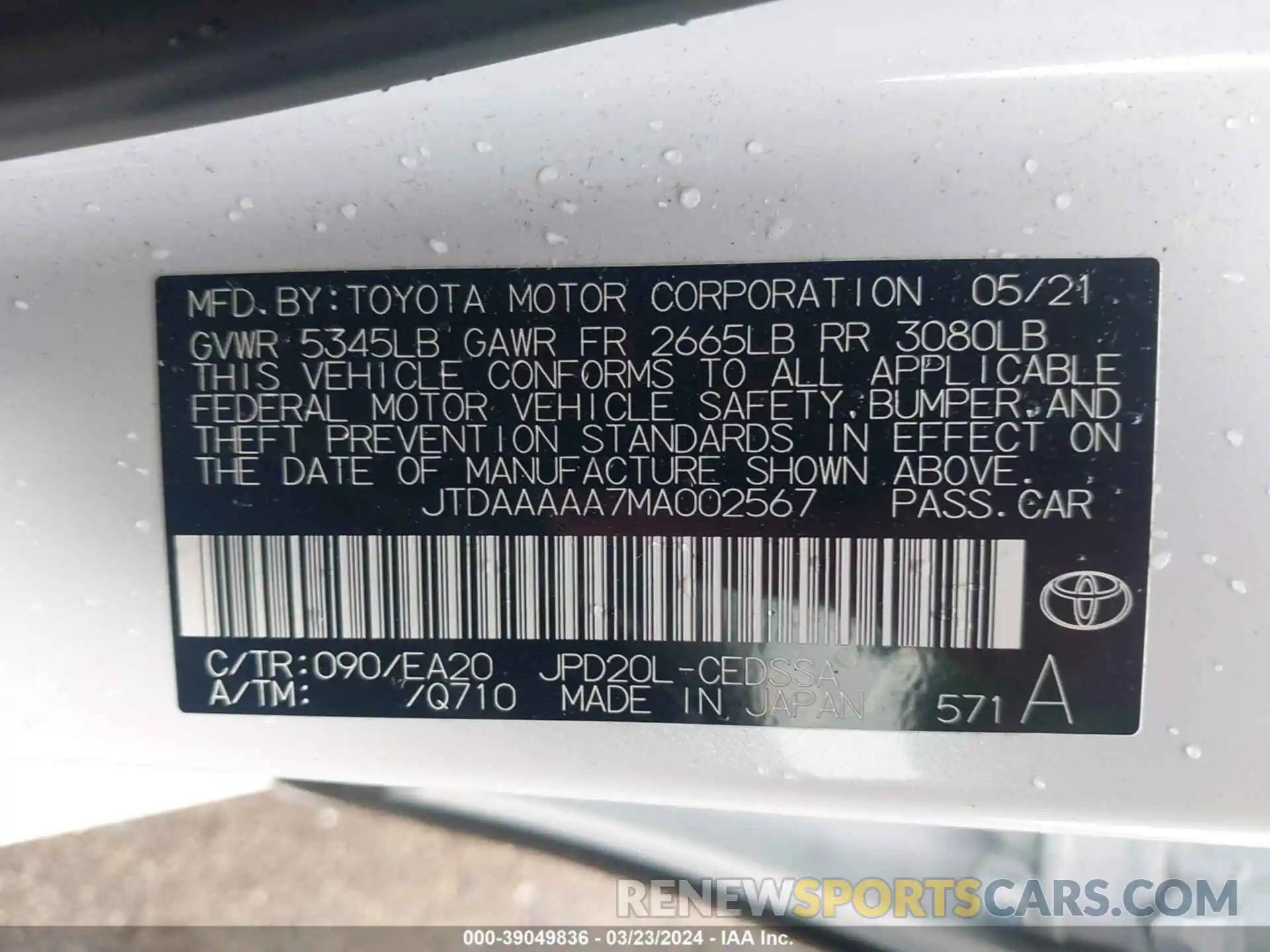 9 Photograph of a damaged car JTDAAAAA7MA002567 TOYOTA MIRAI 2021