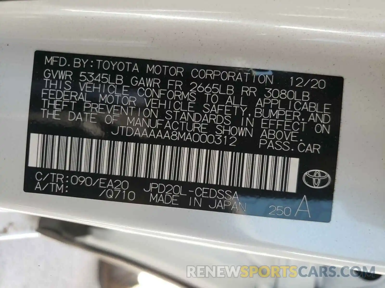 10 Photograph of a damaged car JTDAAAAA8MA000312 TOYOTA MIRAI 2021