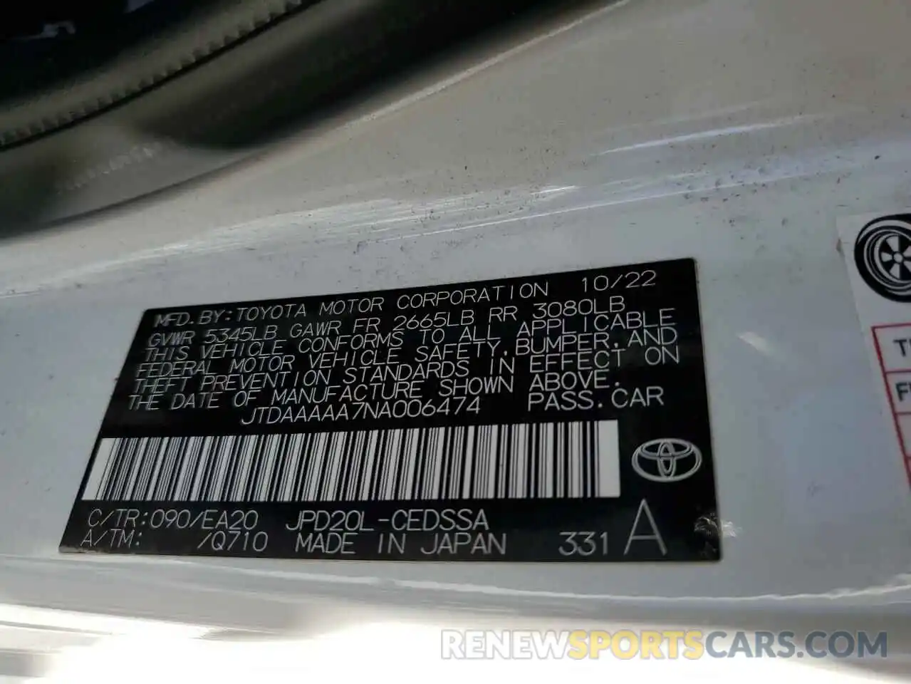 12 Photograph of a damaged car JTDAAAAA7NA006474 TOYOTA MIRAI LE 2022