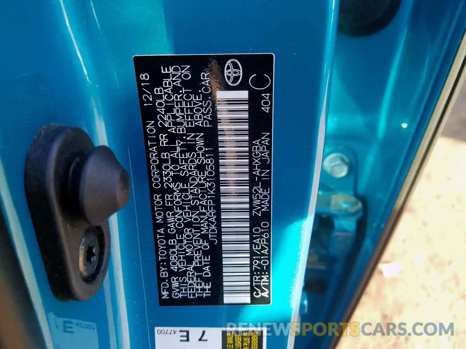 10 Photograph of a damaged car JTDKARFP1K3105811 TOYOTA PRIUS 2019