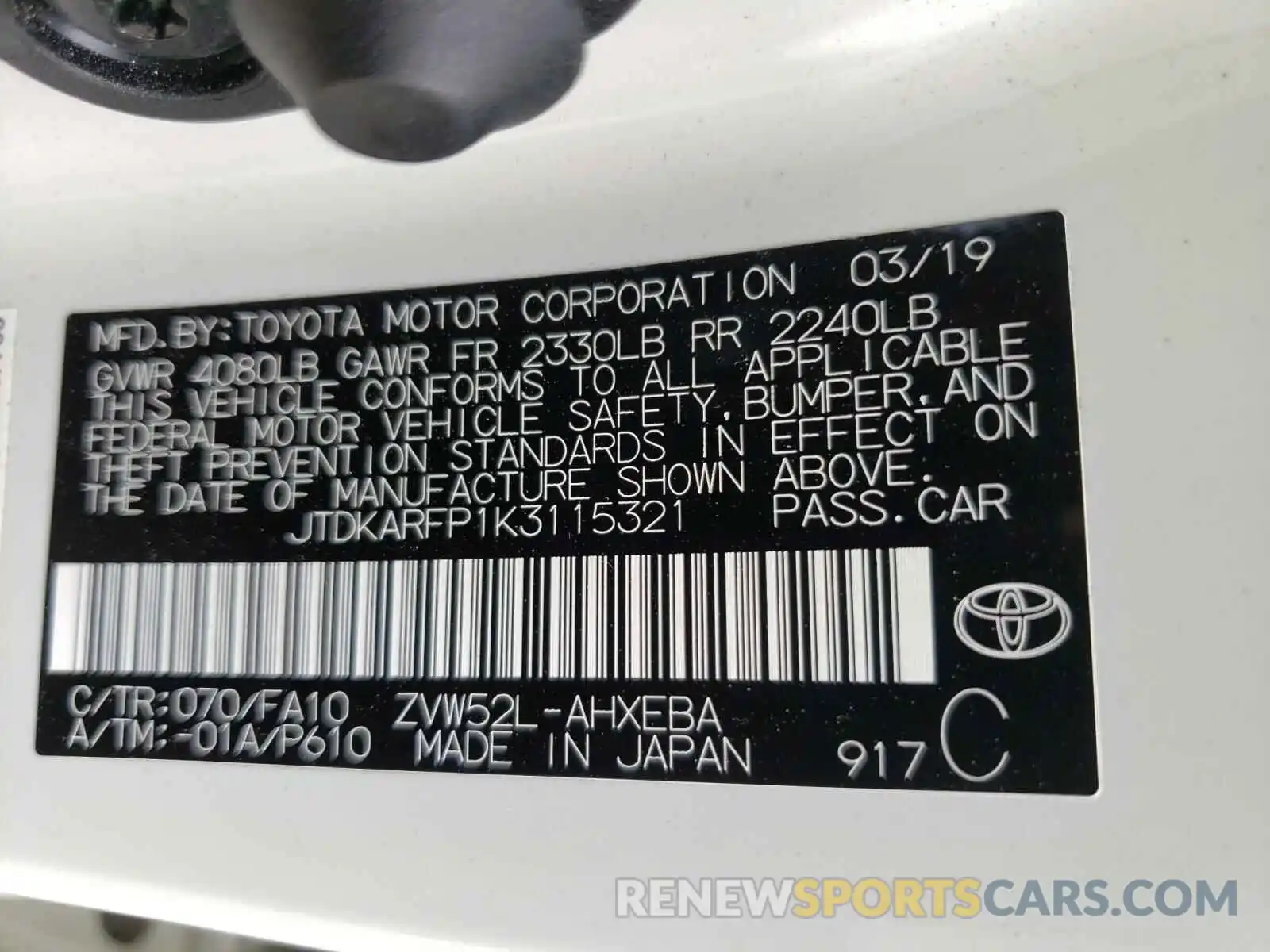 10 Photograph of a damaged car JTDKARFP1K3115321 TOYOTA PRIUS 2019