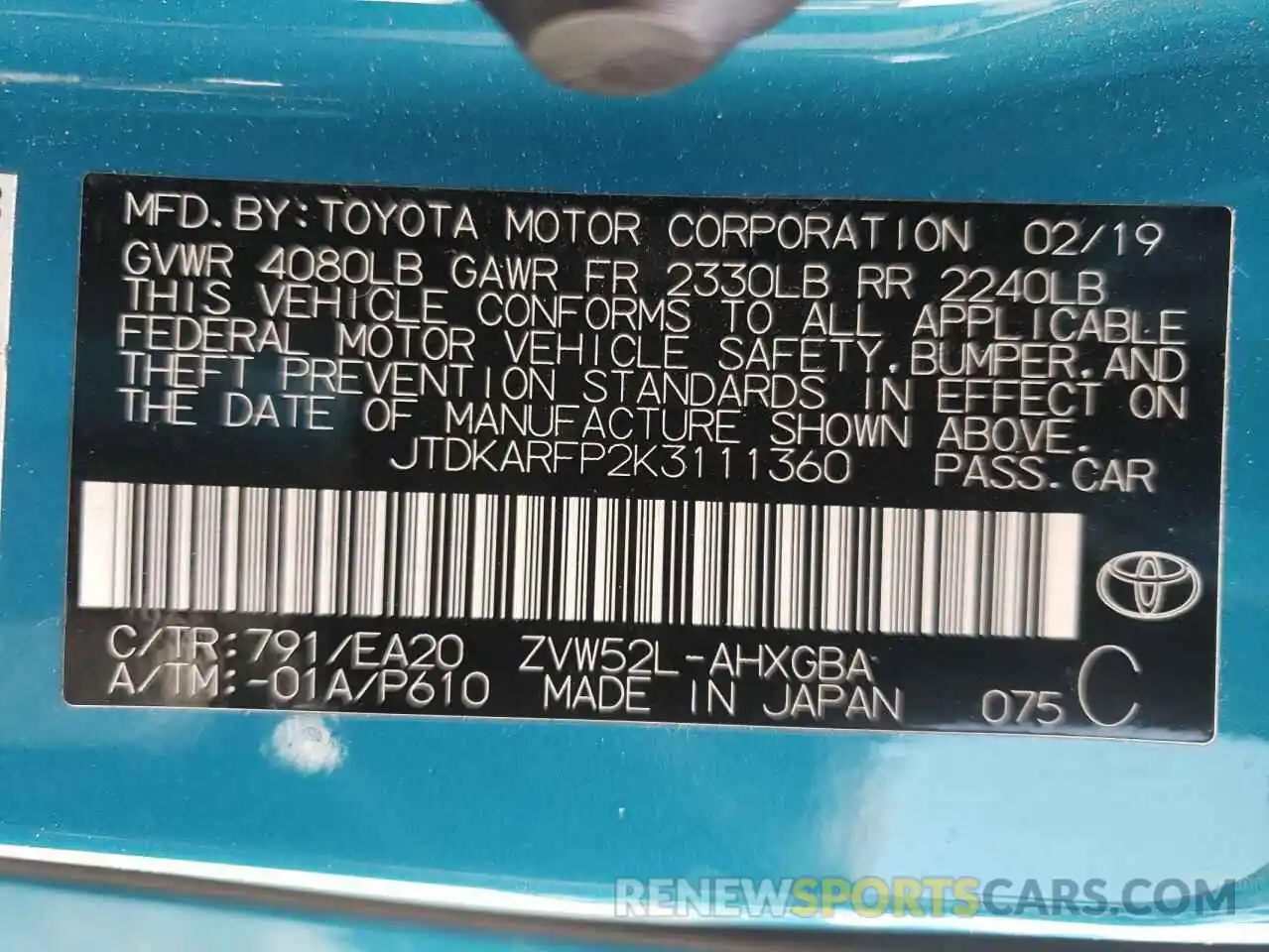 10 Photograph of a damaged car JTDKARFP2K3111360 TOYOTA PRIUS 2019