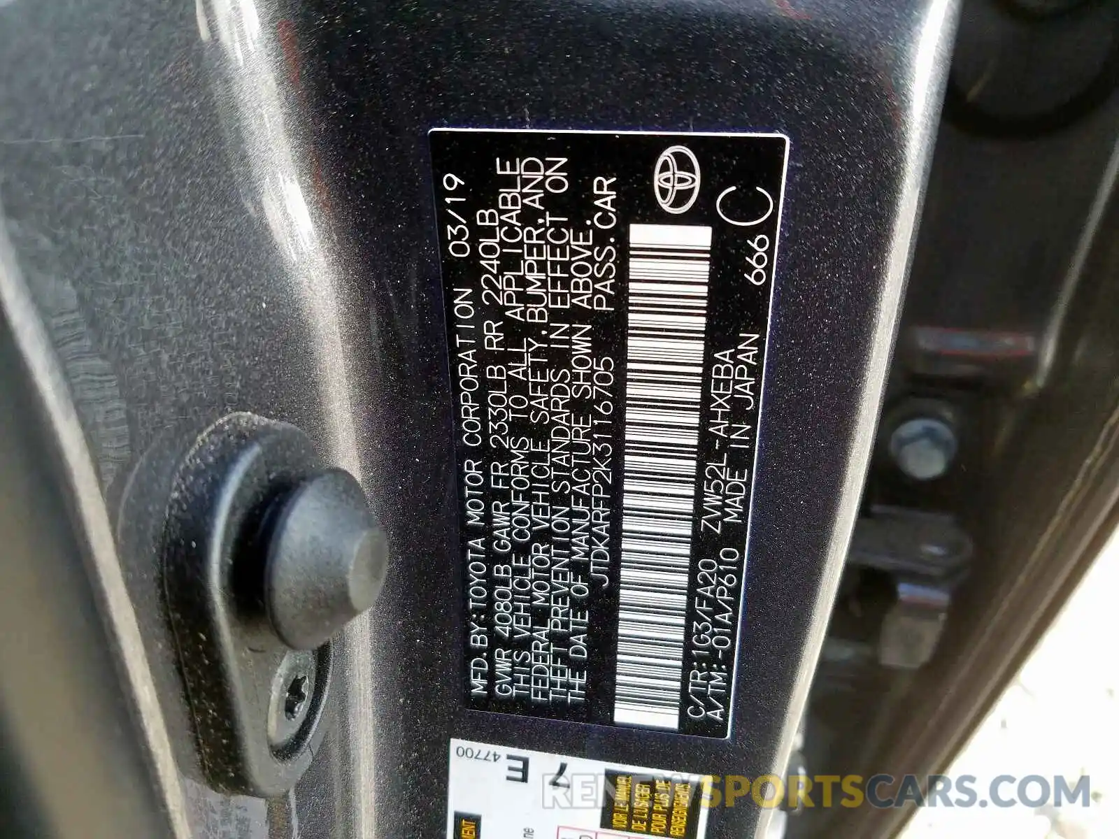 10 Photograph of a damaged car JTDKARFP2K3116705 TOYOTA PRIUS 2019