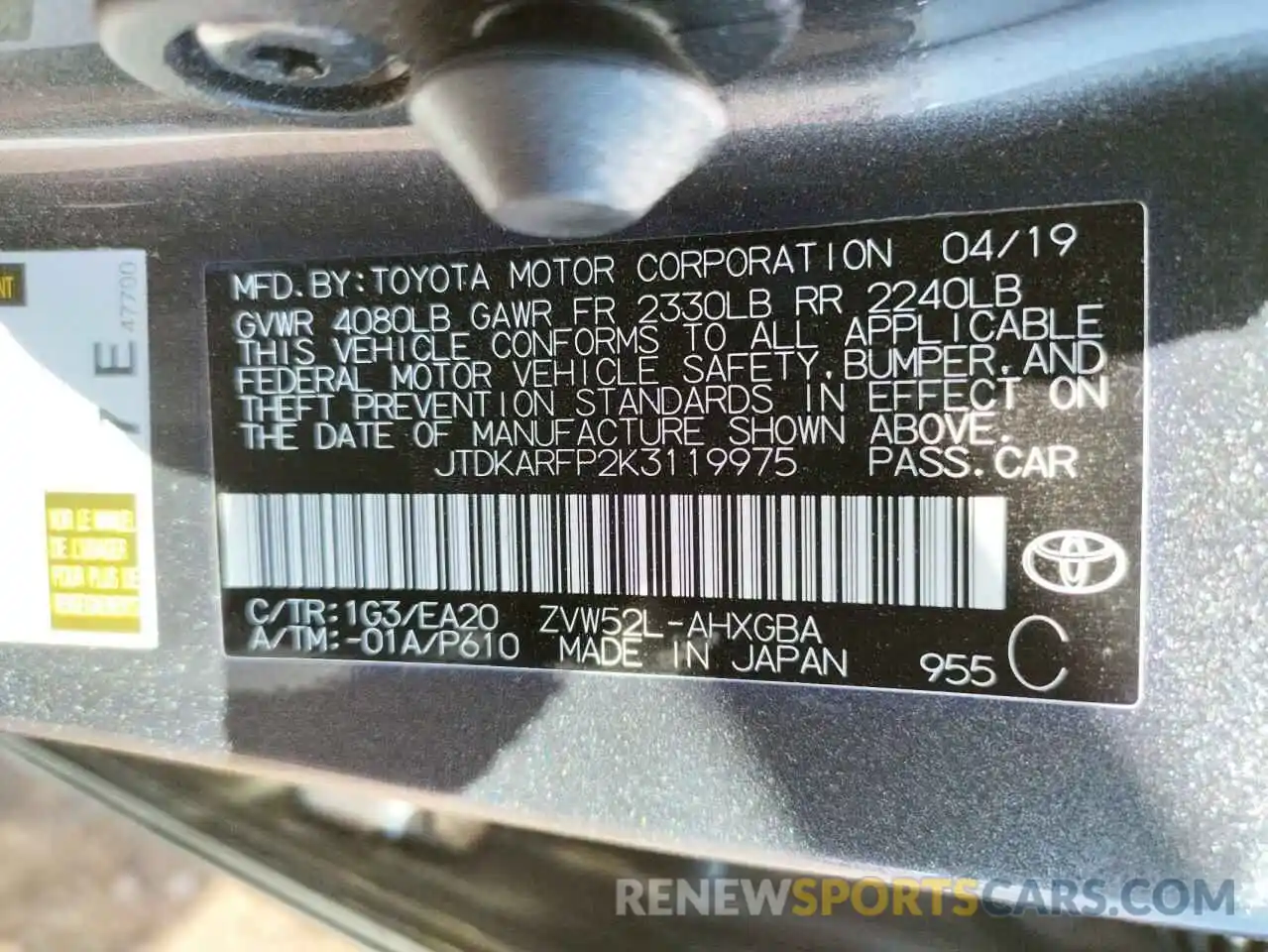 10 Photograph of a damaged car JTDKARFP2K3119975 TOYOTA PRIUS 2019