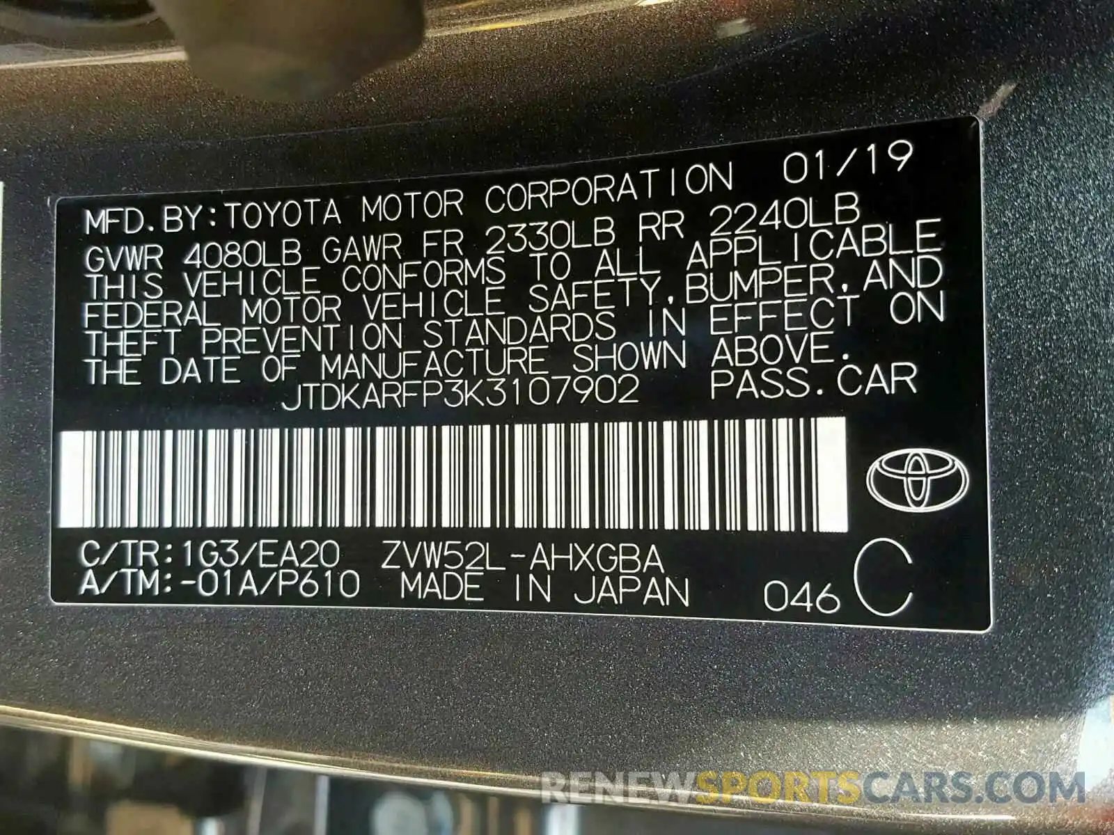 10 Photograph of a damaged car JTDKARFP3K3107902 TOYOTA PRIUS 2019