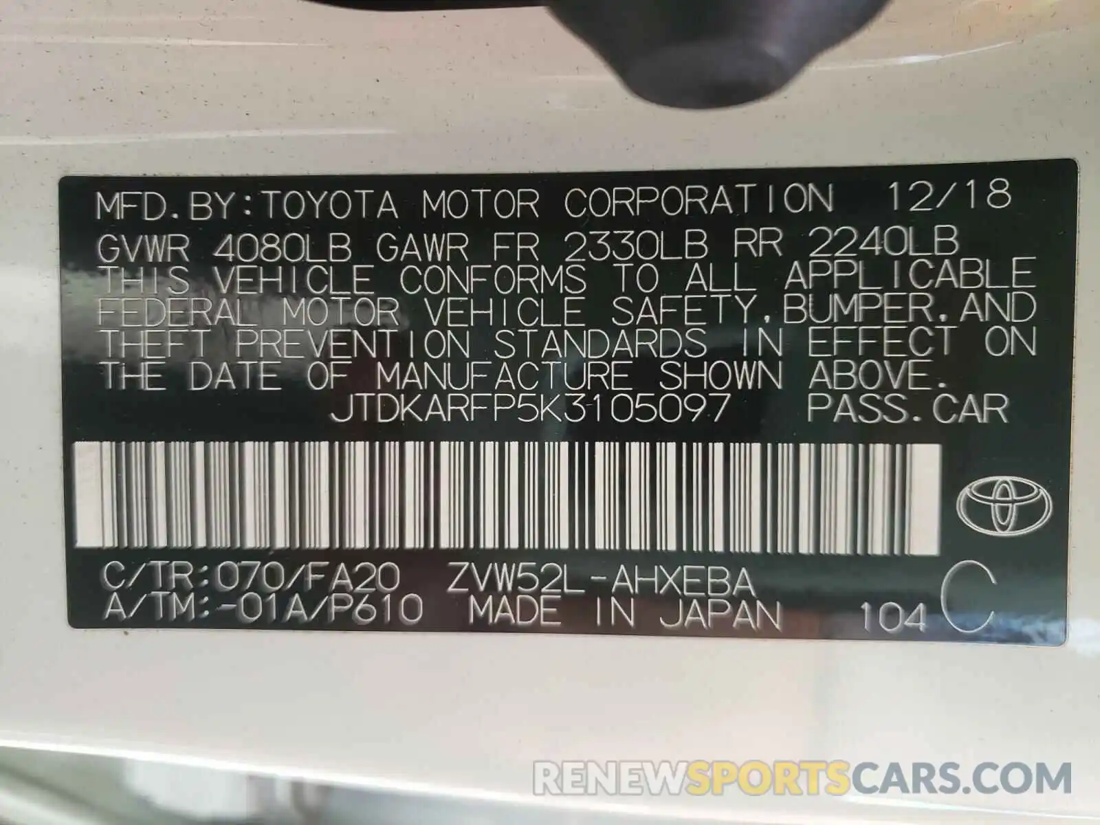 10 Photograph of a damaged car JTDKARFP5K3105097 TOYOTA PRIUS 2019