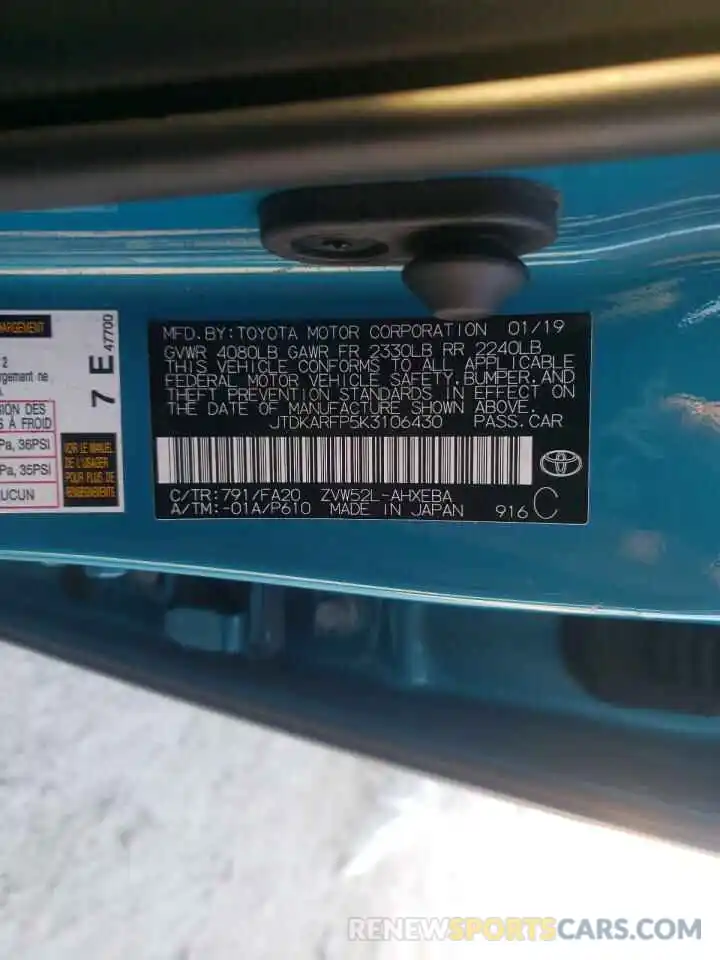 10 Photograph of a damaged car JTDKARFP5K3106430 TOYOTA PRIUS 2019