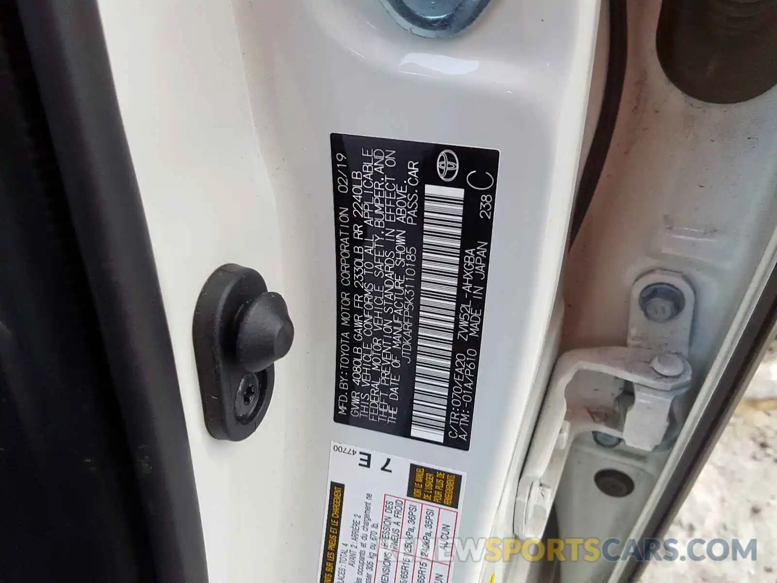 10 Photograph of a damaged car JTDKARFP5K3110185 TOYOTA PRIUS 2019