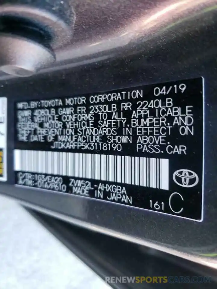 10 Photograph of a damaged car JTDKARFP5K3118190 TOYOTA PRIUS 2019