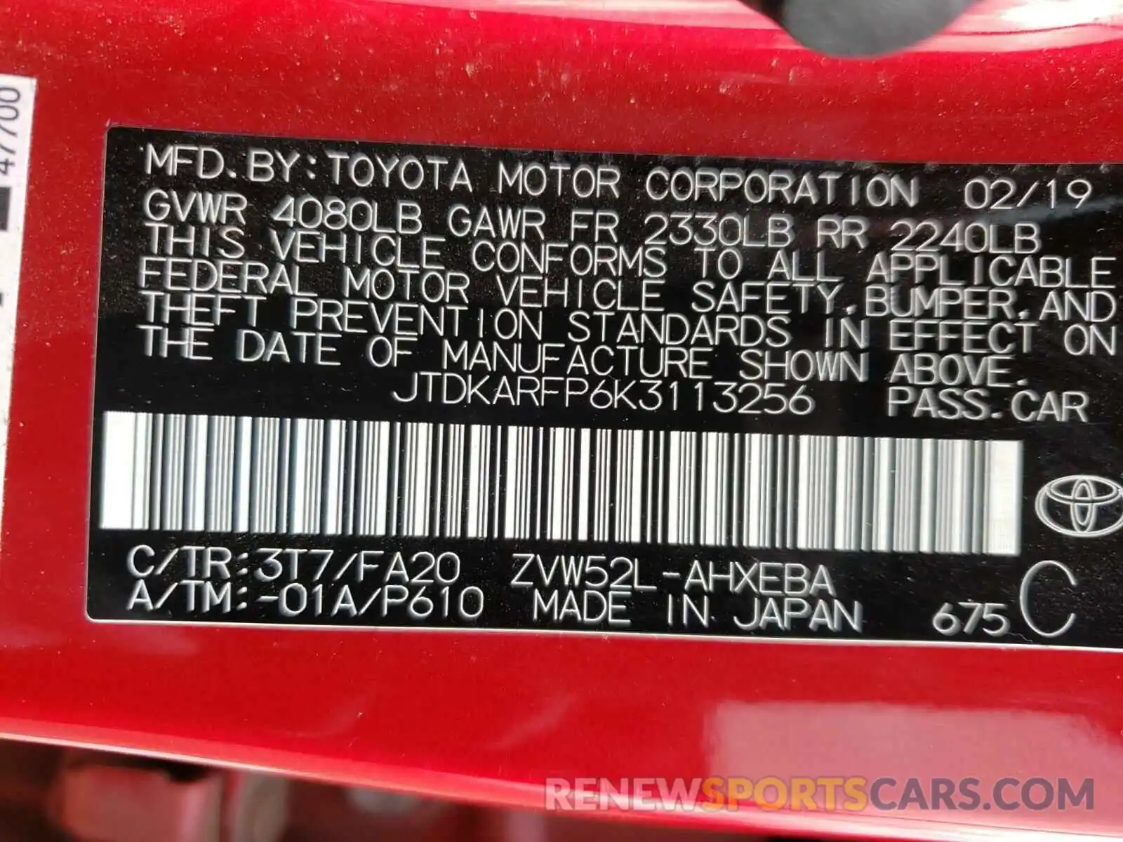 10 Photograph of a damaged car JTDKARFP6K3113256 TOYOTA PRIUS 2019