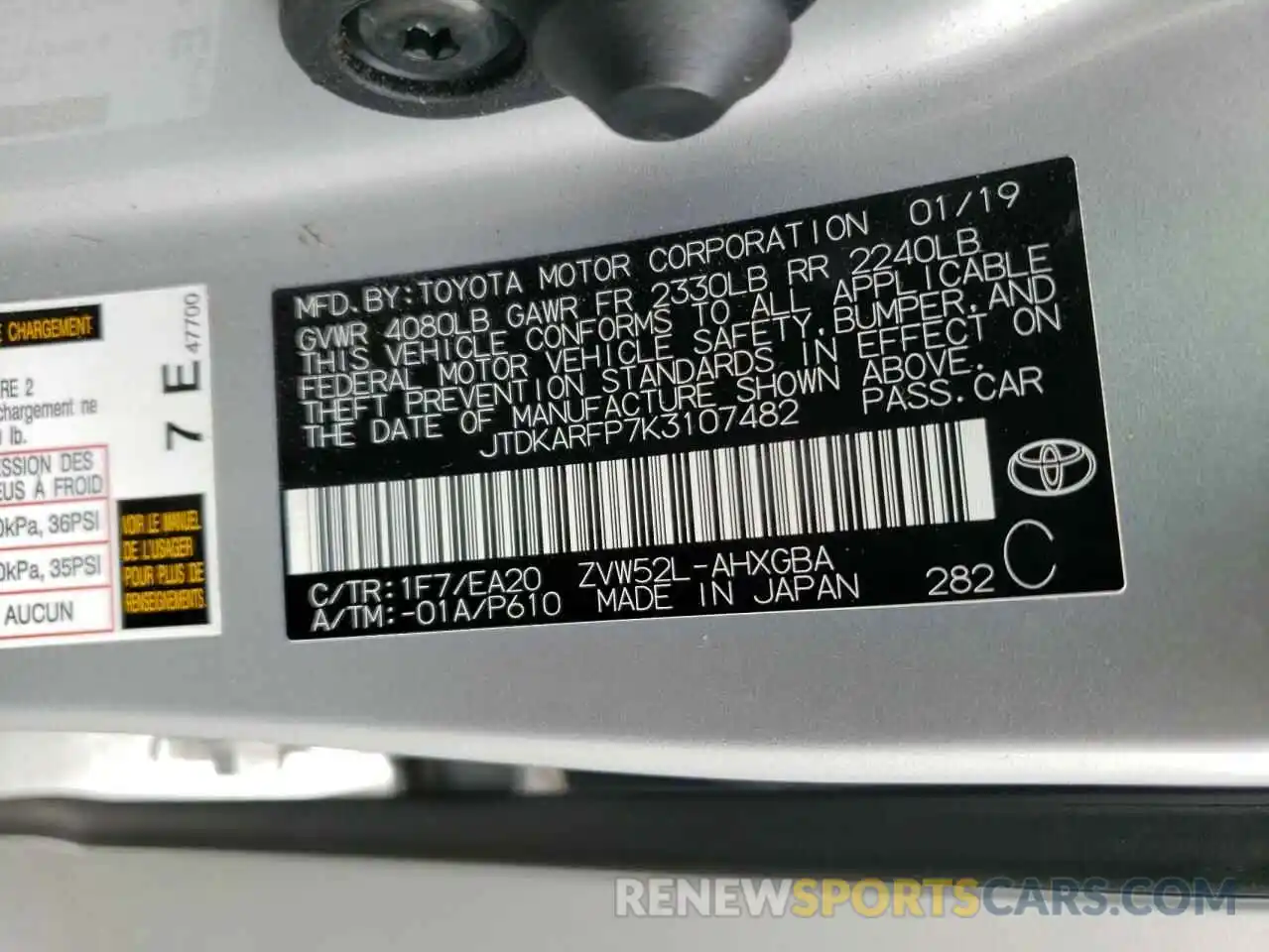 10 Photograph of a damaged car JTDKARFP7K3107482 TOYOTA PRIUS 2019