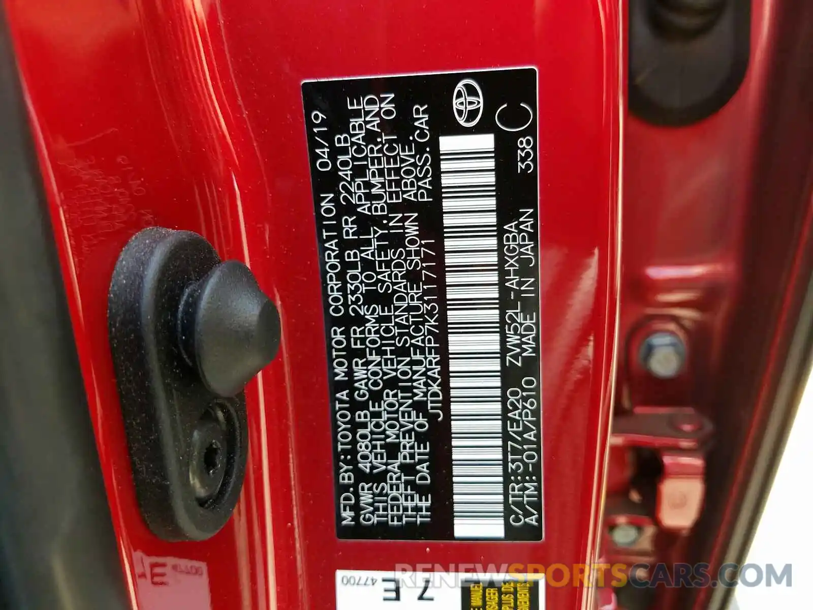 10 Photograph of a damaged car JTDKARFP7K3117171 TOYOTA PRIUS 2019