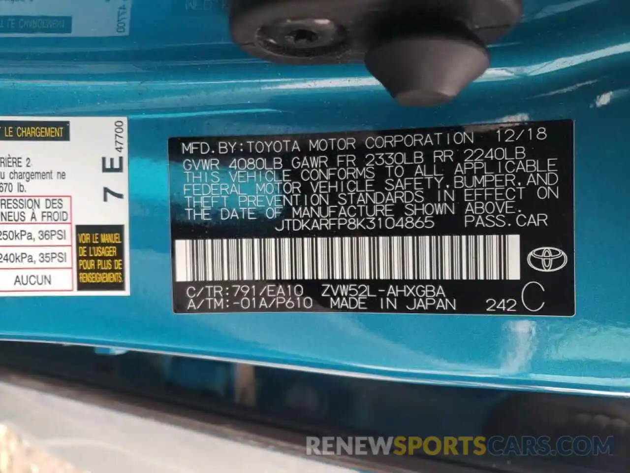 10 Photograph of a damaged car JTDKARFP8K3104865 TOYOTA PRIUS 2019