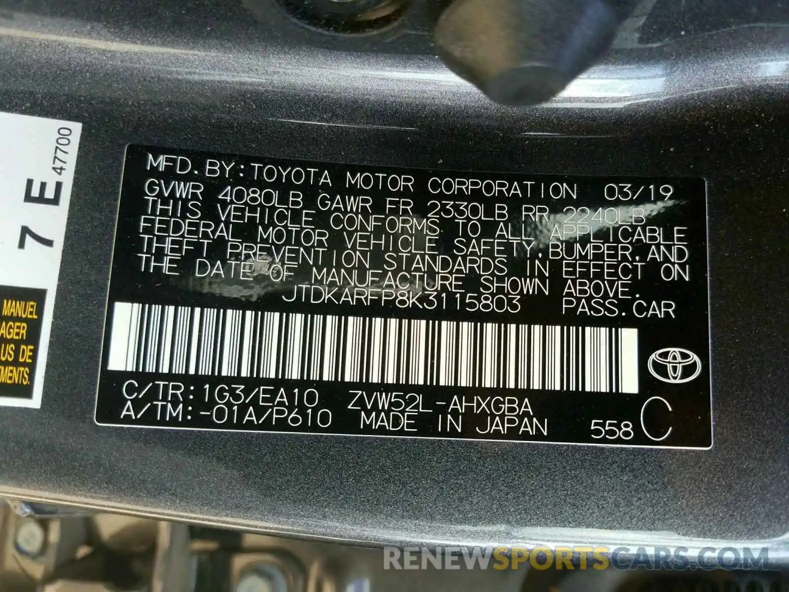 10 Фотография поврежденного автомобиля JTDKARFP8K3115803 TOYOTA PRIUS 2019