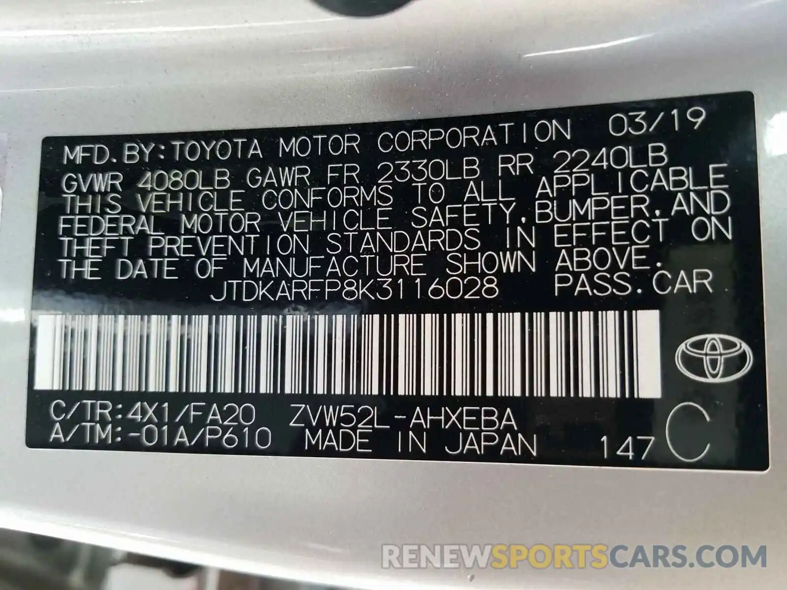 10 Фотография поврежденного автомобиля JTDKARFP8K3116028 TOYOTA PRIUS 2019