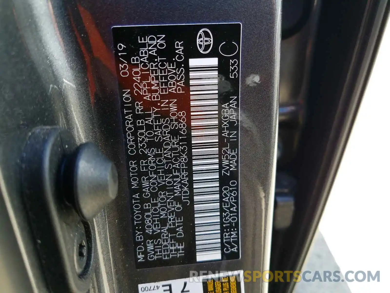 10 Photograph of a damaged car JTDKARFP8K3116868 TOYOTA PRIUS 2019