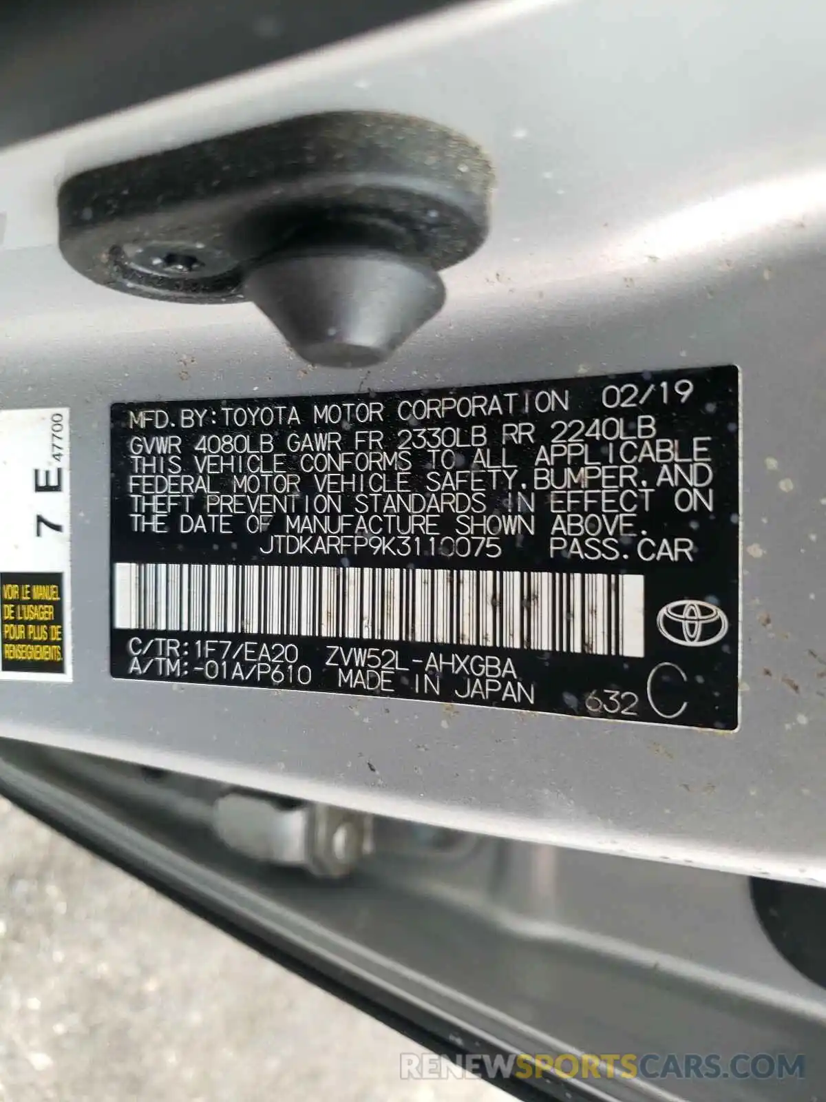 10 Photograph of a damaged car JTDKARFP9K3110075 TOYOTA PRIUS 2019