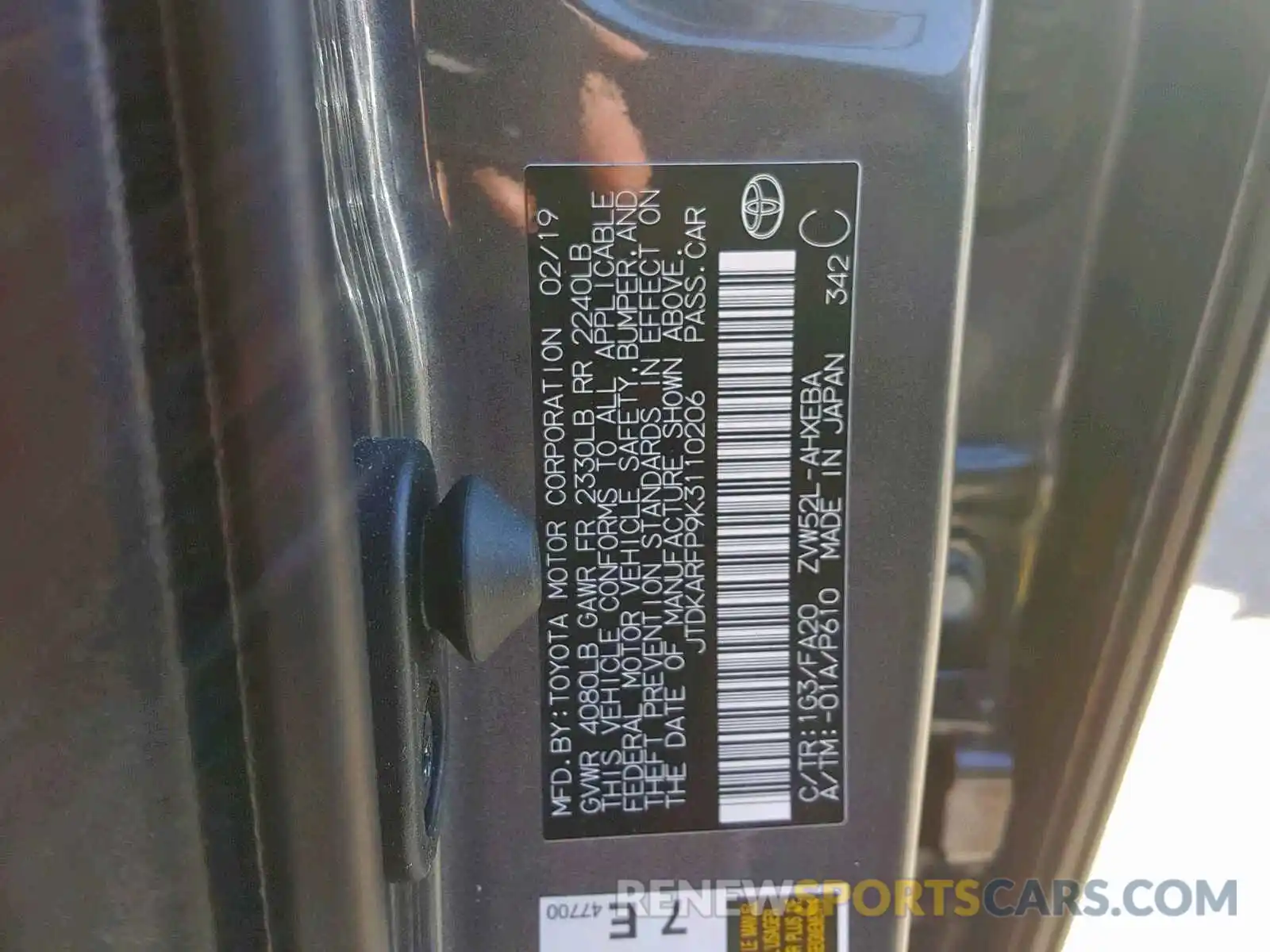 10 Photograph of a damaged car JTDKARFP9K3110206 TOYOTA PRIUS 2019