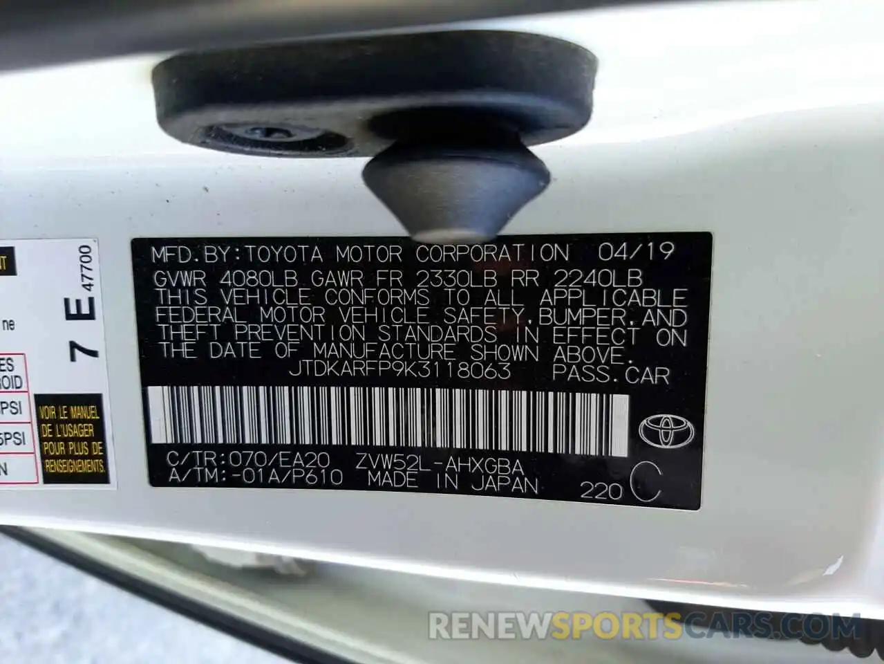 10 Photograph of a damaged car JTDKARFP9K3118063 TOYOTA PRIUS 2019