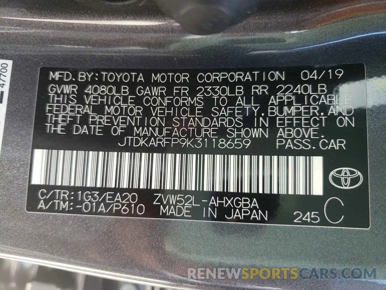 10 Photograph of a damaged car JTDKARFP9K3118659 TOYOTA PRIUS 2019