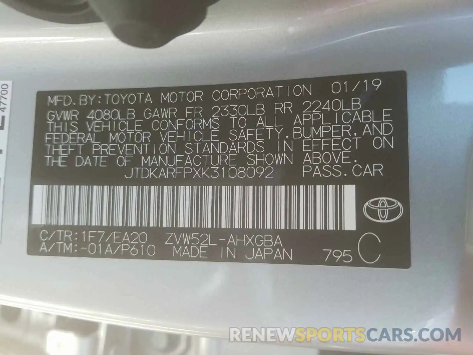 10 Photograph of a damaged car JTDKARFPXK3108092 TOYOTA PRIUS 2019