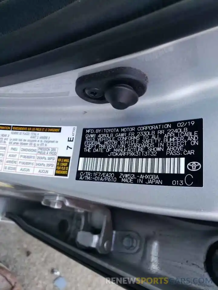 10 Photograph of a damaged car JTDKARFPXK3113132 TOYOTA PRIUS 2019