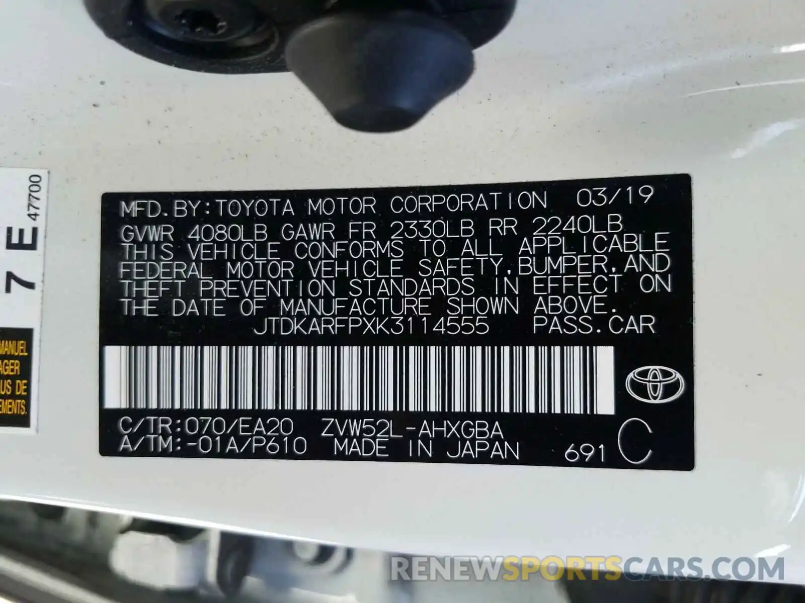 10 Photograph of a damaged car JTDKARFPXK3114555 TOYOTA PRIUS 2019